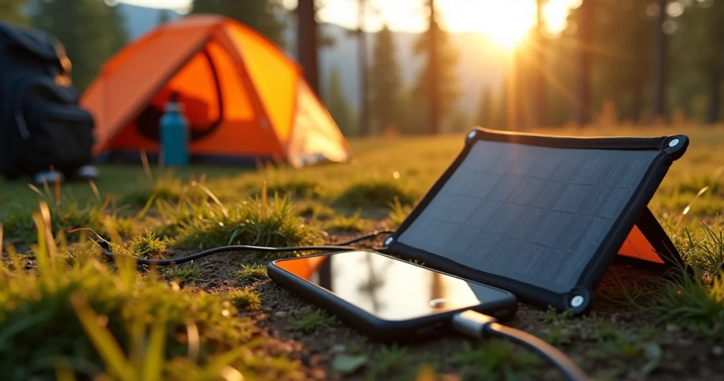 Camping com power bank e painel solar ao ar livre em ambiente natural