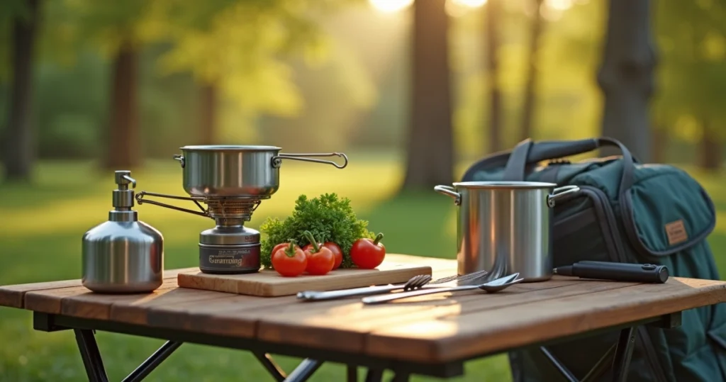 Cozinha de camping simples com fogareiro portátil, utensílios organizados e suprimentos ao ar livre