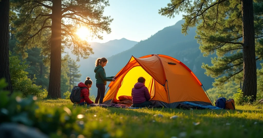 Família com duas crianças acampando em uma tenda colorida na floresta, com mochilas e equipamentos de camping ao redor